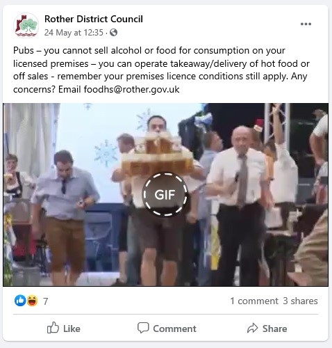 A post on Rother District Council's Facebook page reminding pubs they can't serve food or drink on their premises