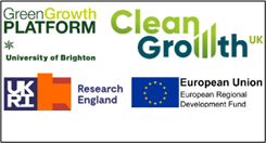 GreenGrowth Platform, Clean Growth UK, Research England Logos and European Union flag