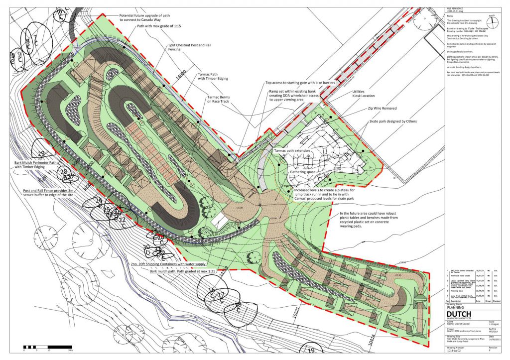 The plan for the BMX track including extensions to nearby paths and additional facilities such as water supplies and a utilities kiosk