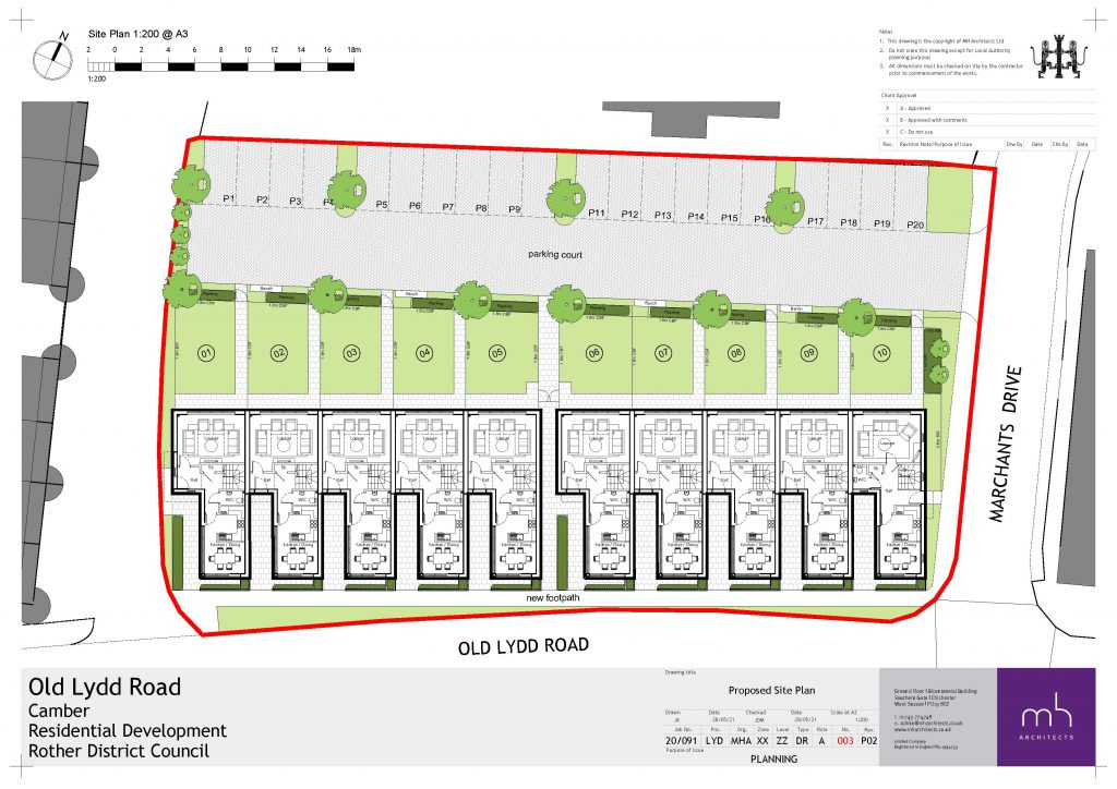A site plan showing 10 terraced houses on the corner of Old Lydd Road and Marchants Drive with 20 parking spaces behind them