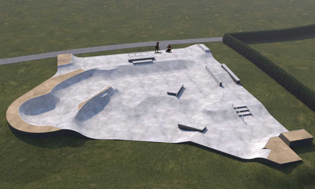 A CGI render of the proposed skate park layout