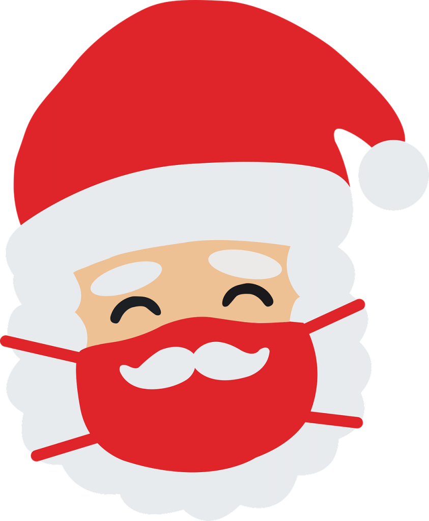 A cartoon style picture of Santa wearing a red face mask with a white moustache on it